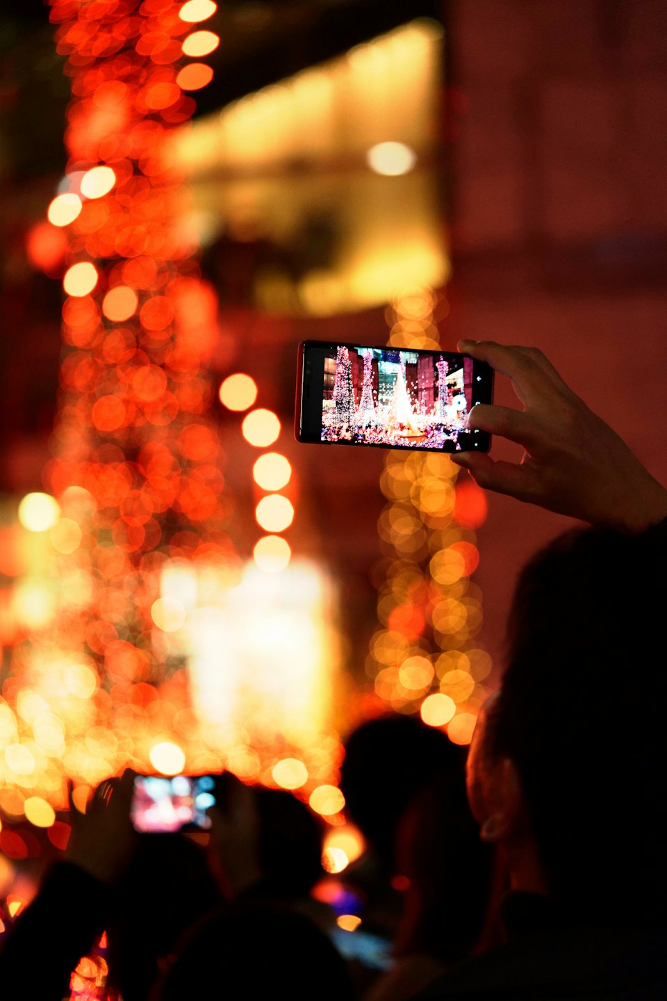 Una persona tiene un telefono per fotografare un albero di Natale illuminato.